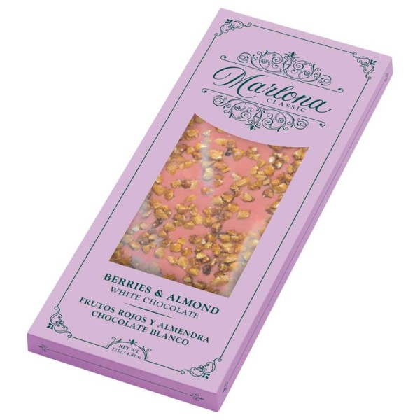 Weiße Schokolade mit Beerenaroma und karamellisierten Mandelsplittern 125 g