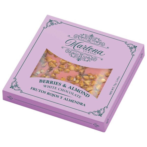 Weiße Schokolade mit Beerenaroma und karamellisierten Mandelsplittern 75 g